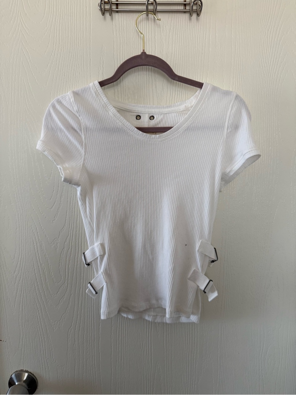 We The Free White Ribbed Short Sleeve Top with Side Buckles